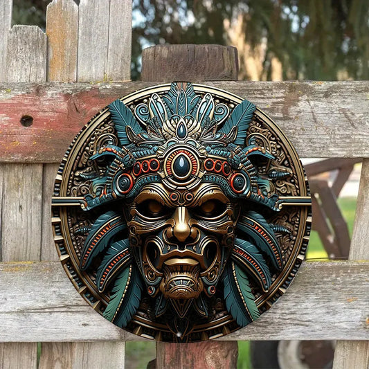 Aztec Warrior 8" Round Aluminum Wall Art - UV & Scratch Resistant, Easy-Hang Decor for Home, Office, Coffee Shop