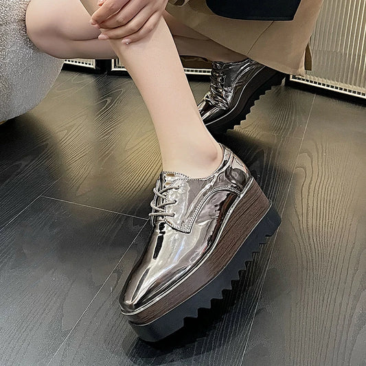 8cm Heeled Platform Wedge Shoes Fall High Heels Wedges Women Patent Leather Lace Up Square Toe Creepers Pumps Damen Luxus