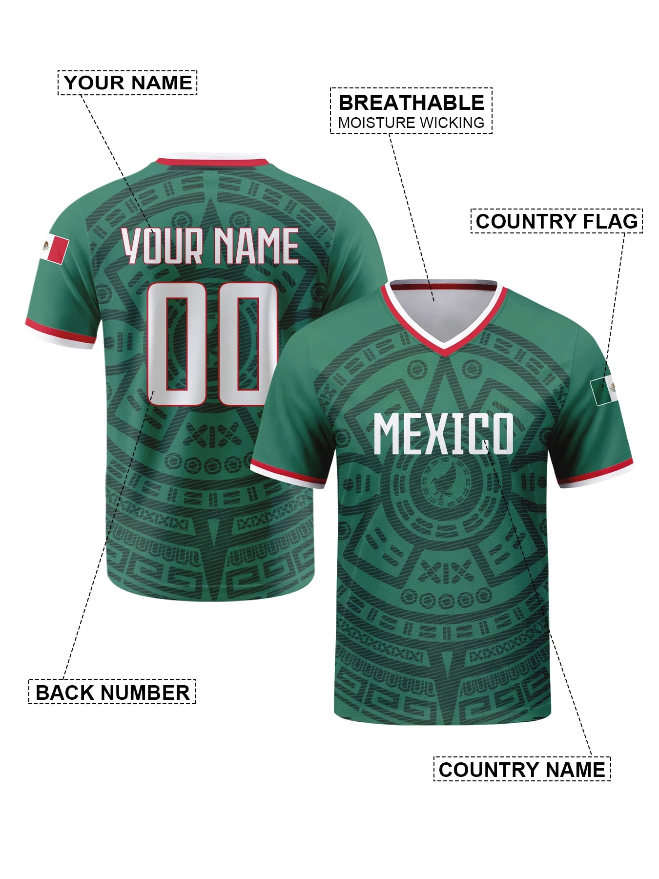 Custom Mexico Football Jersey Personalized with Name Number V-neck Soccer National Team Shirt for Men Youth Women